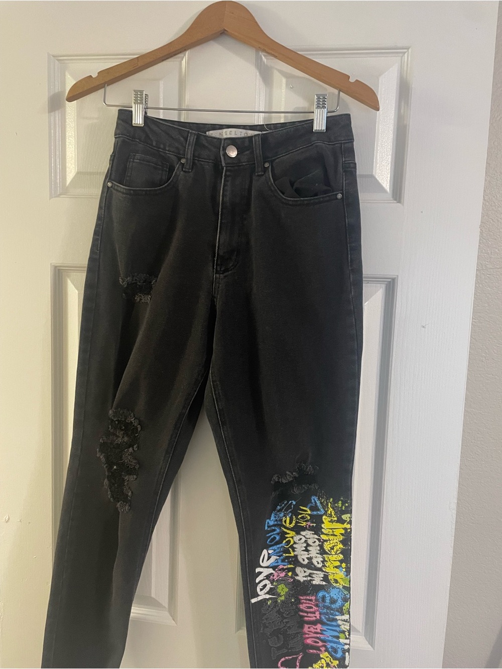 Tinseltown Black Distressed Jeans with Multicolor Graffiti Detail